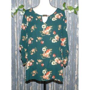 Justify Women's Blouse Size 1X Green Fall Floral 3/4 Roll Tab Sleeve Gold Tone
